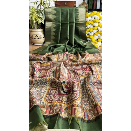 Generic Women's Tussar Silk Madhubani Saree With Unstitched Blouse 5.5Mtr (Green)