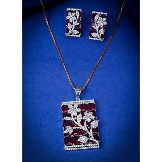 Generic Women's Brass Silver Plated Pendant Set (Red) Generic Women's Brass Silver Plated Pendant Set (Red)