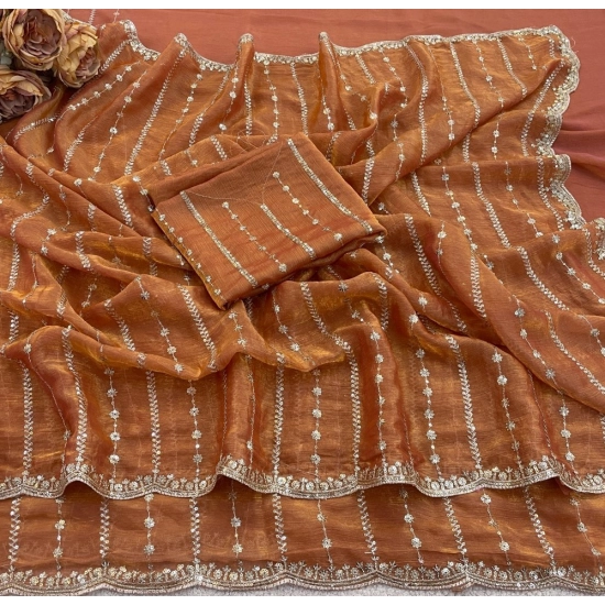 Generic Women's Slik Embellished Saree With Unstitched Blouse 5.5Mtr (Orange)