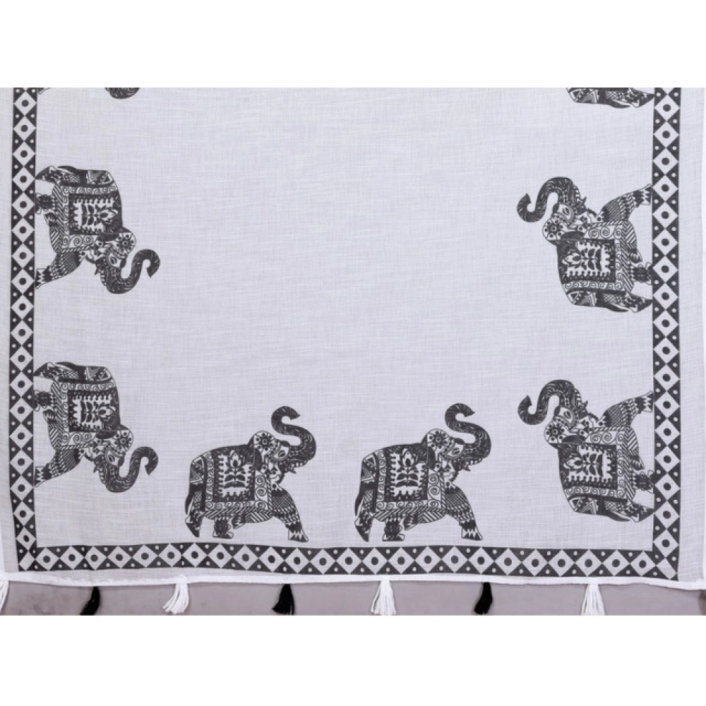 Generic Women's Linen Cotton Printed Saree With Unstitched Blouse 5.5Mtr (White)
