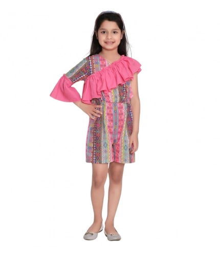 Generic Girl's Cotton &amp; Polyester Printed 3/4th Sleeves Dress (Pink)