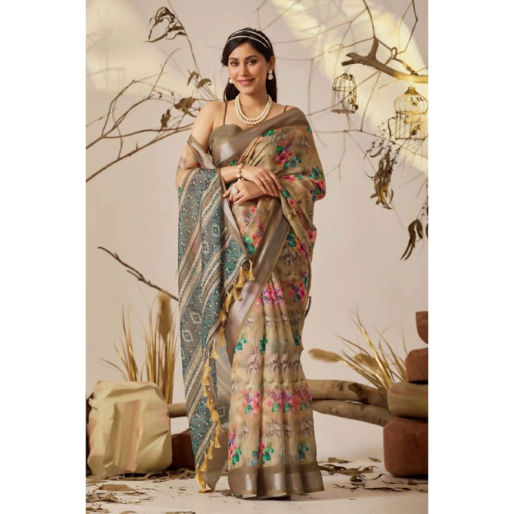 Generic Women's Faux_Linen Printed Saree With Unstitched Blouse 5.5Mtr (Beige)