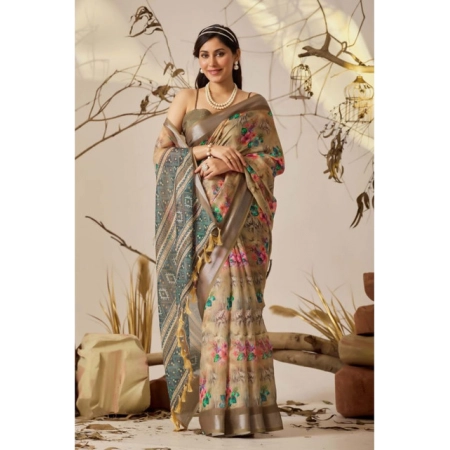 Generic Women's Faux_Linen Printed Saree With Unstitched Blouse 5.5Mtr (Beige) Generic Women's Faux_Linen Printed Saree With Unstitched Blouse 5.5Mtr (Beige)