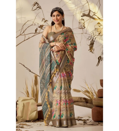 Generic Women's Faux_Linen Printed Saree With Unstitched Blouse 5.5Mtr (Beige)