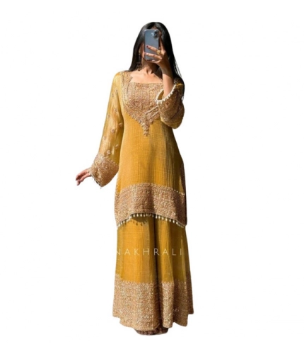 Generic Women's Silk Embroidered 3/4th Sleeve Round Kurti With Sharara Pant and Dupatta Set (Yellow)