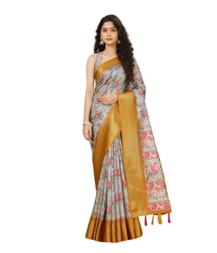 Generic Women's Cotton Silk Floral Printed Saree With Unstitched Blouse 5.5Mtr (Lavender)