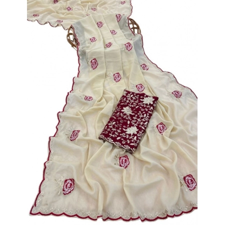 Generic Women's Star Georgette Embroidered Saree With Unstitched Blouse 5.5Mtr (Cream) Generic Women's Star Georgette Embroidered Saree With Unstitched Blouse 5.5Mtr (Cream)