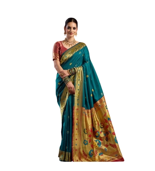 Generic Women's Silk Blend Woven Saree With Unstitched Blouse 5.5 Mtr (Teal)