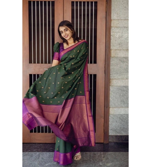 Generic Women's Litchi silk Printed Saree With Unstitched Blouse (Dark Green)