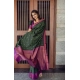 Generic Women's Litchi silk Printed Saree With Unstitched Blouse (Dark Green)