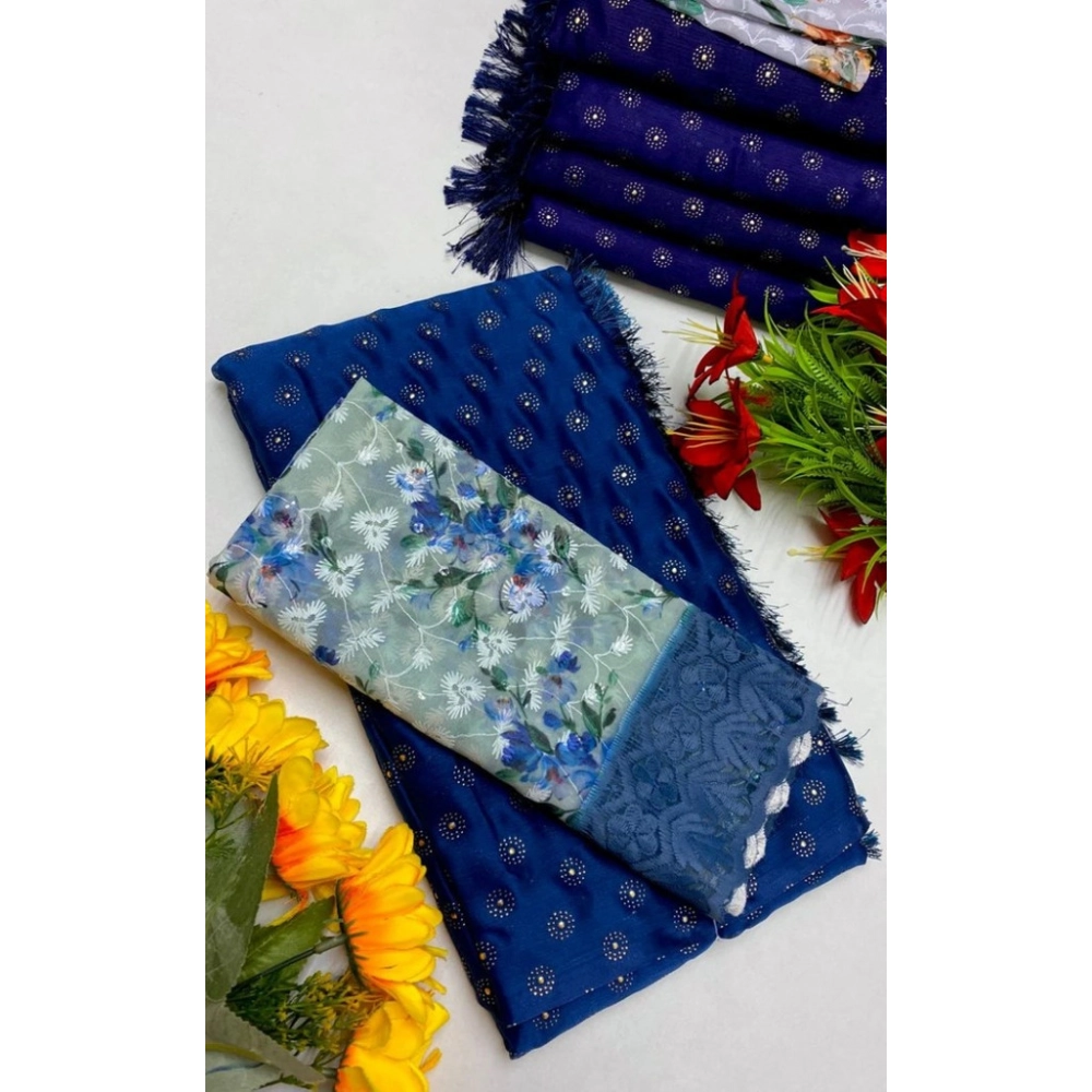 Generic Women's Printed Brasso Saree With Unstitched Blouse (Skblue, 5-6 Mtrs)