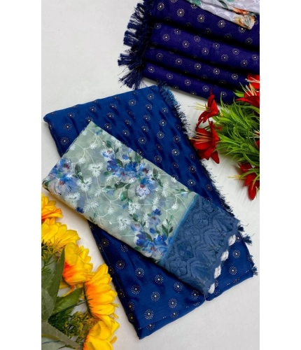 Generic Women's Printed Brasso Saree With Unstitched Blouse (Skblue, 5-6 Mtrs)