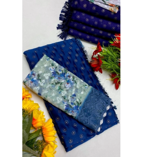 Generic Women's Printed Brasso Saree With Unstitched Blouse (Skblue, 5-6 Mtrs)