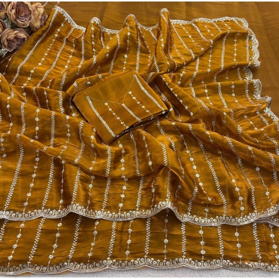 Generic Women's Slik Embellished Saree With Unstitched Blouse 5.5Mtr (Mustard)