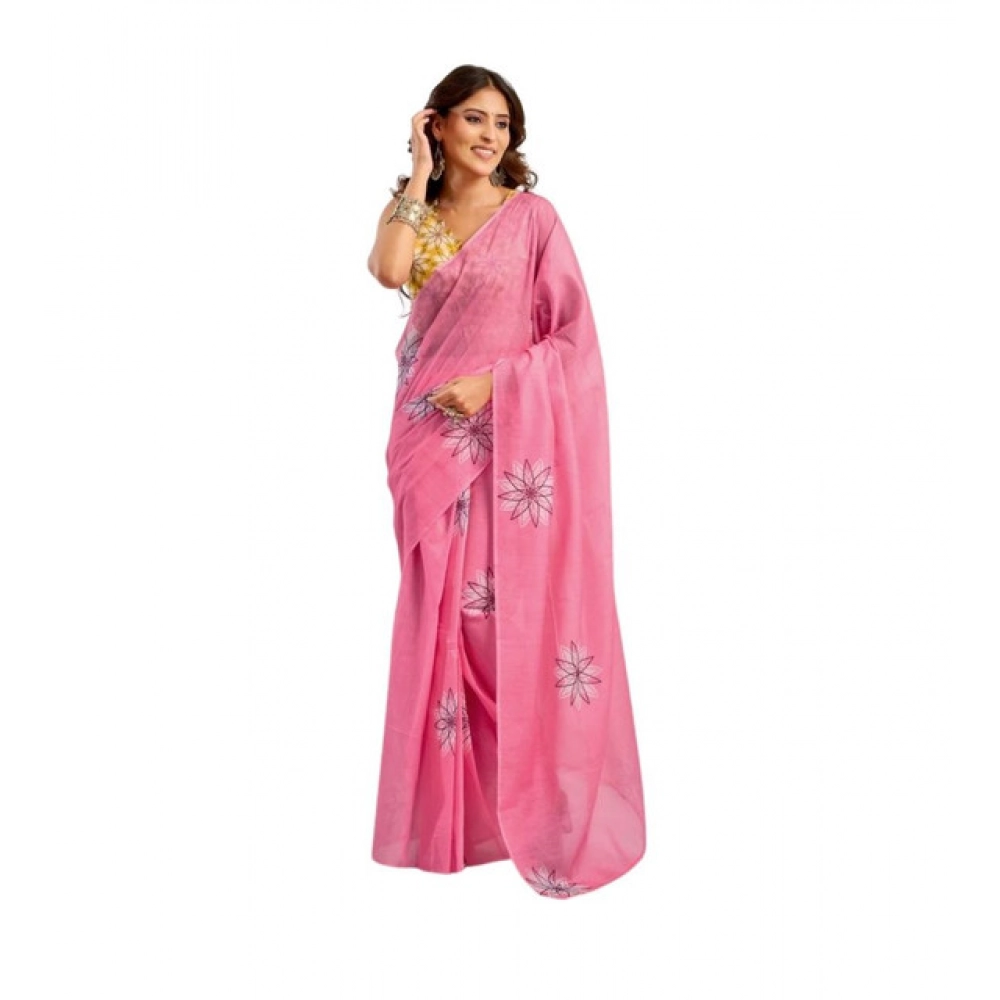 Generic Women's Linen Cotton Printed Ready To Wear Saree With Unstitched Blouse 5.5 Mtr (Pink)
