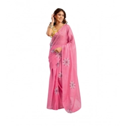 Generic Women's Linen Cotton Printed Ready To Wear Saree With Unstitched Blouse 5.5 Mtr (Pink)