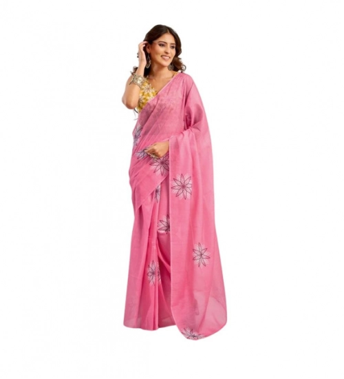 Generic Women's Linen Cotton Printed Ready To Wear Saree With Unstitched Blouse 5.5 Mtr (Pink)