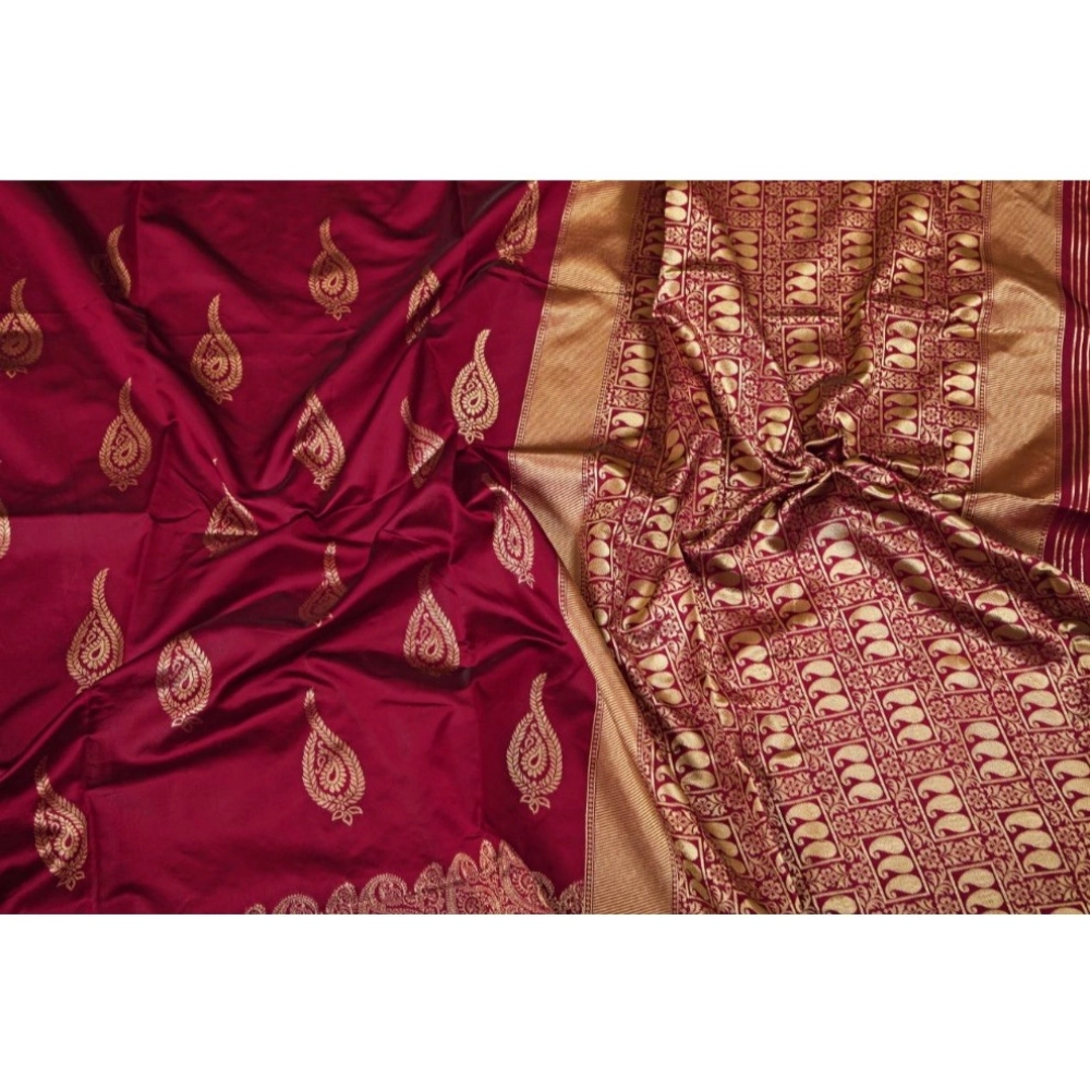 Generic Women's Soft Litchi Silk Jacquard Work Saree With Unstitched Blouse 5.5Mtr (Maroon)