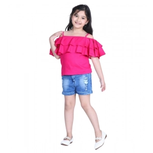 Generic Girl's Rayon Solid Cold Shoulder Top with Shorts (Pink-Blue)