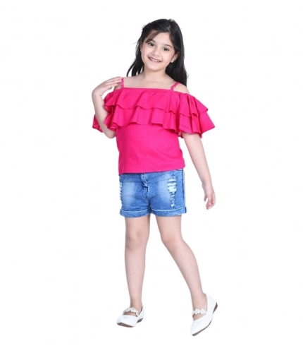 Generic Girl's Rayon Solid Cold Shoulder Top with Shorts (Pink-Blue)