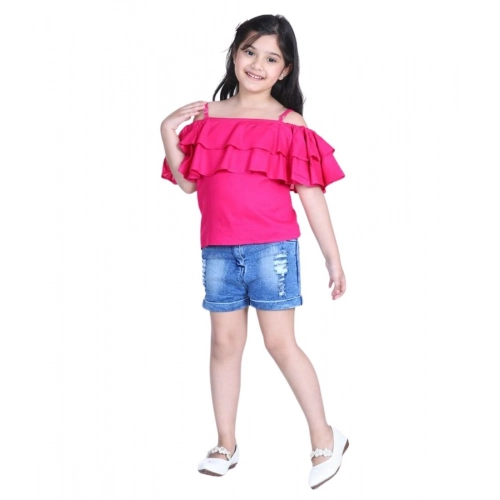 Generic Girl's Rayon Solid Cold Shoulder Top with Shorts (Pink-Blue)