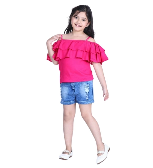 Generic Girl's Rayon Solid Cold Shoulder Top with Shorts (Pink-Blue)