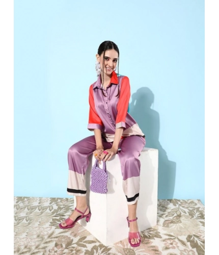 Generic Women's Satin Colour Block Long Sleeves Co-Ord Set (Multicolor)