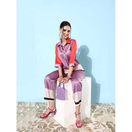 Generic Women's Satin Colour Block Long Sleeves Co-Ord Set (Multicolor) Generic Women's Satin Colour Block Long Sleeves Co-Ord Set (Multicolor)