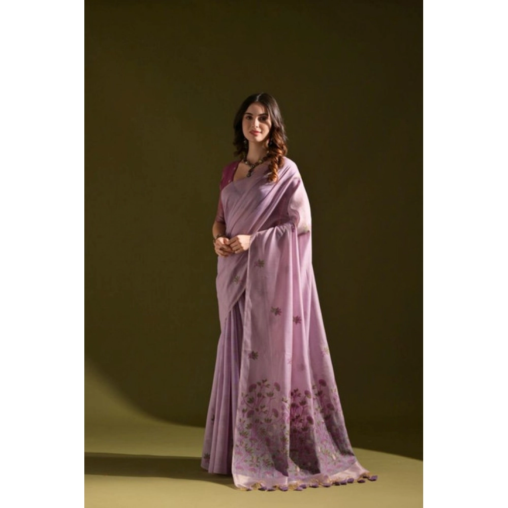 Women's Blended_Cotton Floral Saree With Unstitched Blouse 5.5Mtr (Lavender)