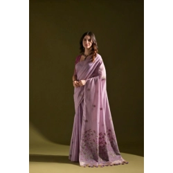 Generic Women's Blended_Cotton Floral Saree With Unstitched Blouse 5.5Mtr (Lavender)