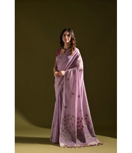 Generic Women's Blended_Cotton Floral Saree With Unstitched Blouse 5.5Mtr (Lavender)