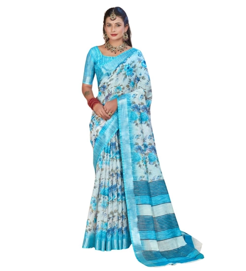 Generic Women's Printed Cotton Linen Saree withPrinted  Saree With Unstitched Blouse (Blue, 5-6Mtrs)