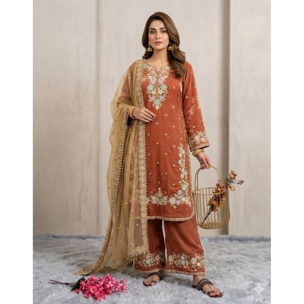 Generic Women's Silk Embroidered 3/4th Sleeve Round Kurti With Palazzo Pant and Dupatta Set (Orange) Generic Women's Silk Embroidered 3/4th Sleeve Round Kurti With Palazzo Pant and Dupatta Set (Orange)