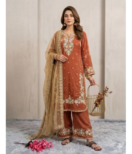 Generic Women's Silk Embroidered 3/4th Sleeve Round Kurti With Palazzo Pant and Dupatta Set (Orange)