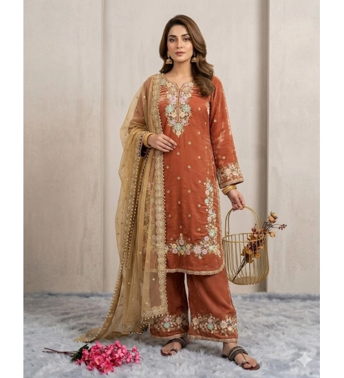 Generic Women's Silk Embroidered 3/4th Sleeve Round Kurti With Palazzo Pant and Dupatta Set (Orange) Generic Women's Silk Embroidered 3/4th Sleeve Round Kurti With Palazzo Pant and Dupatta Set (Orange)