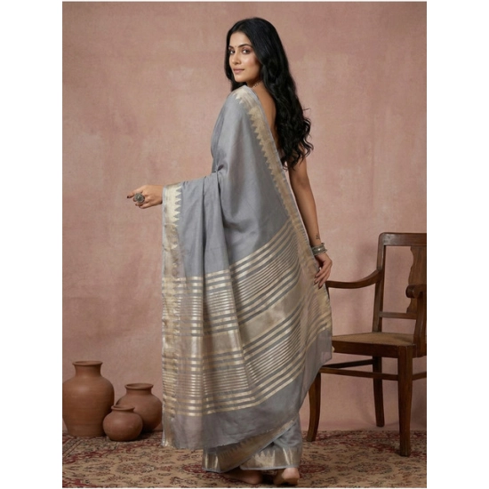 Generic Women's Cotton Printed Saree With Unstitched Blouse 5.5Mtr (Gray)