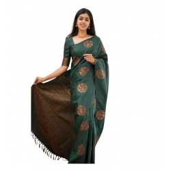 Generic Women's Soft Litchi Silk Jacquard Work Saree With Unstitched Blouse 5.5Mtr (Green)