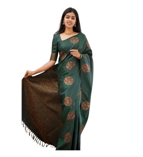 Generic Women's Soft Litchi Silk Jacquard Work Saree With Unstitched Blouse 5.5Mtr (Green)