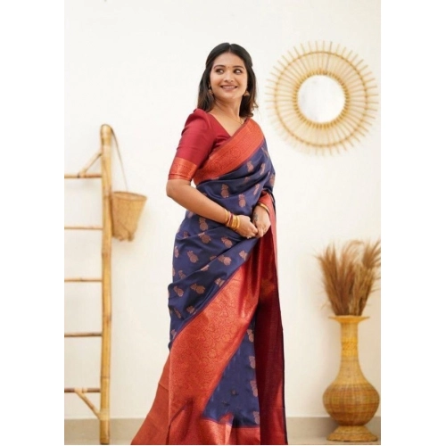 Women's Litchi silk Printed Saree With Unstitched Blouse (Blue) Women's Litchi silk Printed Saree With Unstitched Blouse (Blue)