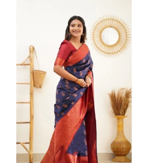 Generic Women's Litchi silk Printed Saree With Unstitched Blouse (Blue)