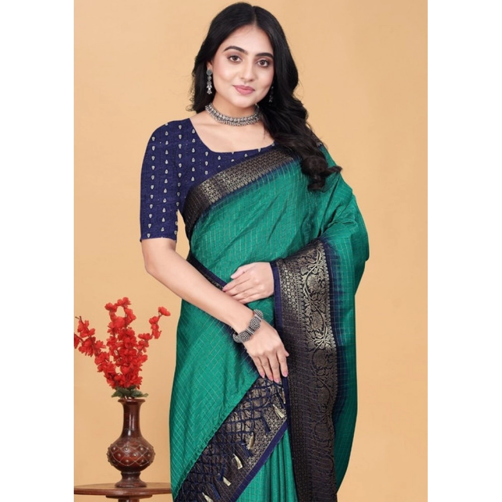 Women’s Cotton Blend Checkered Saree With Unstitched Blouse 5.5Mtr (Teal Green)