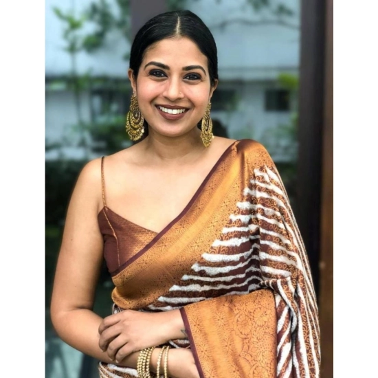 Generic Women's Soft Litchi Silk Jacquard Work Saree With Unstitched Blouse 5.5Mtr (Brown)