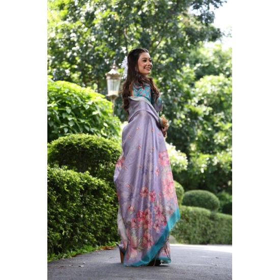 Generic Women's Faux_Tussar Floral_Print Saree With Unstitched Blouse 5.5Mtr (Lavender) Generic Women's Faux_Tussar Floral_Print Saree With Unstitched Blouse 5.5Mtr (Lavender)