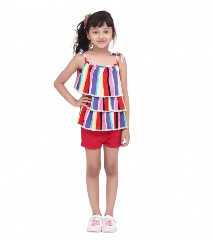 Generic Girl's Polyester Crepe Striped Tie Ups Shorts Set (Multicolor)
