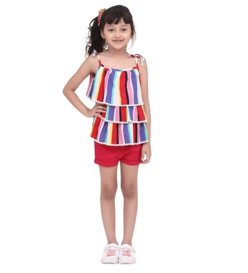 Generic Girl's Polyester Crepe Striped Tie Ups Shorts Set (Multicolor)
