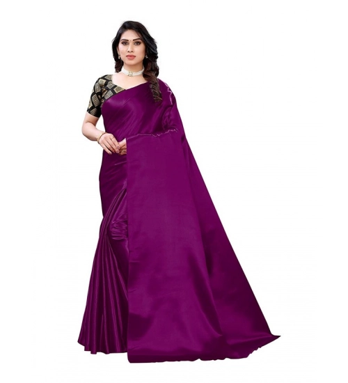 Generic Women's Satin Printed Saree With Unstitched Blouse 5.5Mtr (Purple)