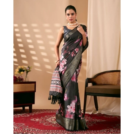 Generic Women's Faux_Silk Printed Saree With Unstitched Blouse 5.5Mtr (Black) Generic Women's Faux_Silk Printed Saree With Unstitched Blouse 5.5Mtr (Black)