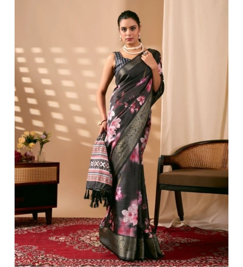 Generic Women's Faux_Silk Printed Saree With Unstitched Blouse 5.5Mtr (Black) Generic Women's Faux_Silk Printed Saree With Unstitched Blouse 5.5Mtr (Black)