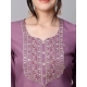 Generic Women's Tesla Silk Embroidered U-Neck Kurti With Pant Dupatta Set (Light Purple)