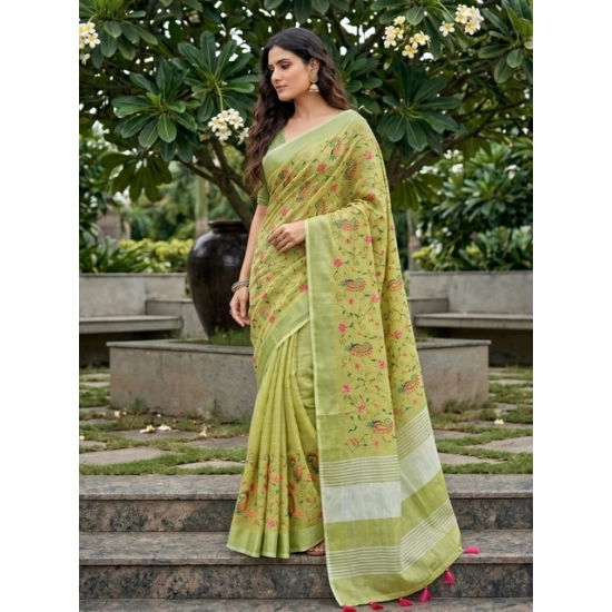 Generic Women's Linen Floral Embroidered Saree With Unstitched Blouse 5.5Mtr (Light Green) Generic Women's Linen Floral Embroidered Saree With Unstitched Blouse 5.5Mtr (Light Green)